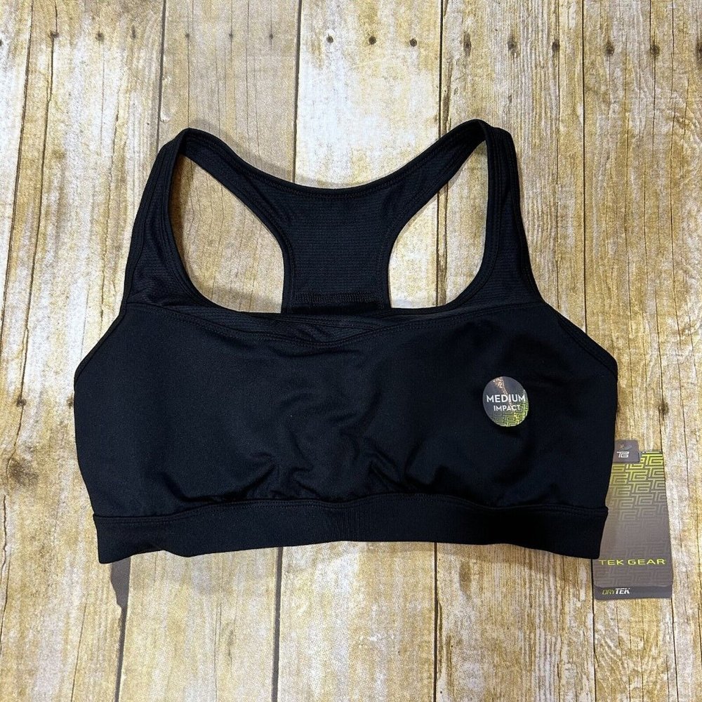 TEK GEAR Black Medium Impact Sports Bra Racerback Workout Women's Large NWT